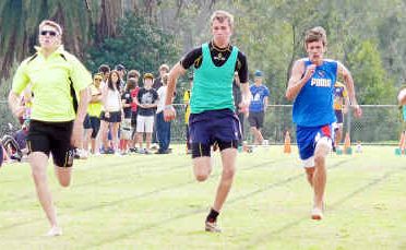 Seventeen years 100m runners Naithen Richards (Cunningham House - yellow), Mitchell Barling (Barnes - green), Nick Kemp (Leslie - blue) and Brendan Thompson (Hamilton - red) at the Warwick State High School sports. Seventeen years 100m runners Naithen Richards (Cunningham House - yellow), Mitchell Barling (Barnes - green), Nick Kemp (Leslie - blue) and Brendan Thompson (Hamilton - red) at the Warwick State High School sports.